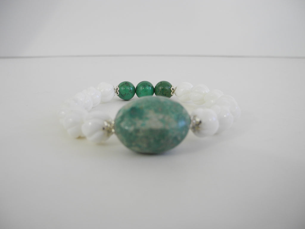 925 GENUINE TURQUOISE & CARVED SHELL BRACELET 31 gm  7.5 " ALLUREGEM S1638