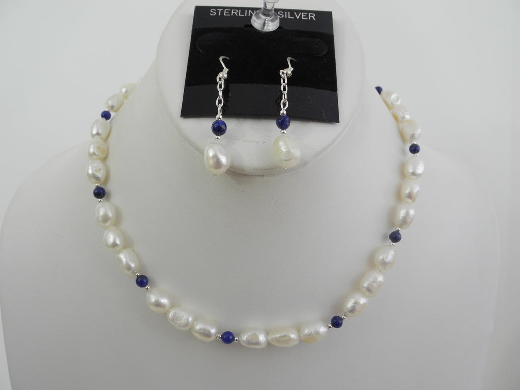 925 STERLING SILVER FRESHWATER PEARL & LAPIS NECKLACE SET, 33 gm 16" ALLUREGEM S1399