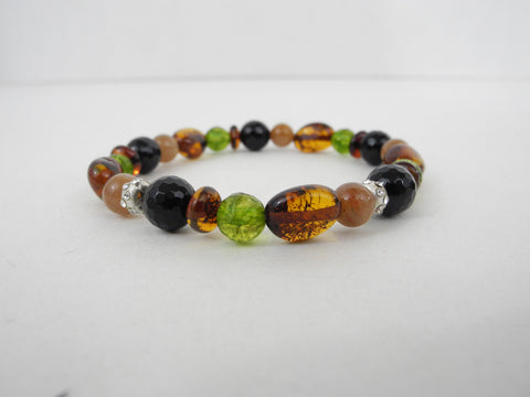 Amber Bracelet, 925  MOONSTONE, ONYX, PERIDOT & AMBER STRETCH BRACELET 11 gm 7.5 "  ALLUREGEM S1681