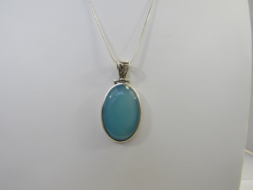 925 STERLING SILVER AQUA BLUE CHALCEDONY PENDANT 20 " ALLUREGEM S1133