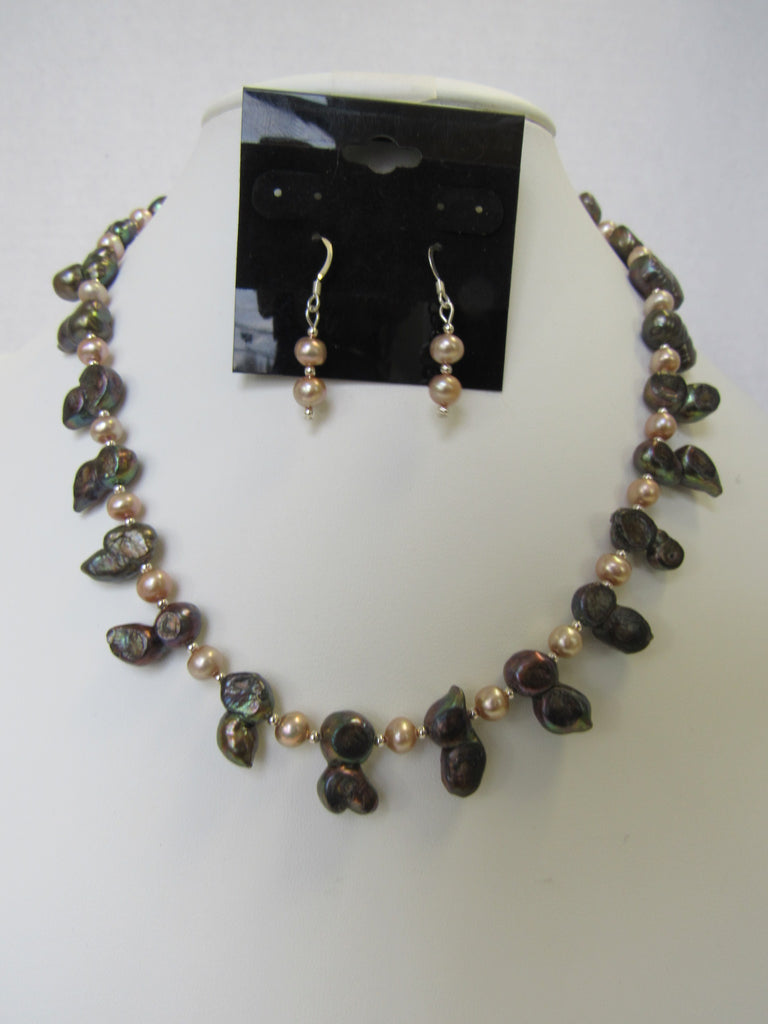 925 STERLING SILVER GREEN & PINK PEARL NECKLACE SET 18 " ALLUREGEM S1200