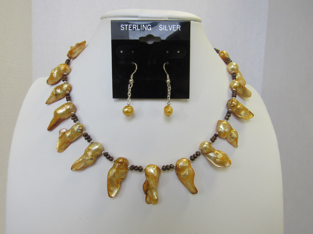 925 STERLING SILVER & GOLDEN FRESHWATER PEARL NECKLACE SET 50 gm 17" ALLUREGEM S1230