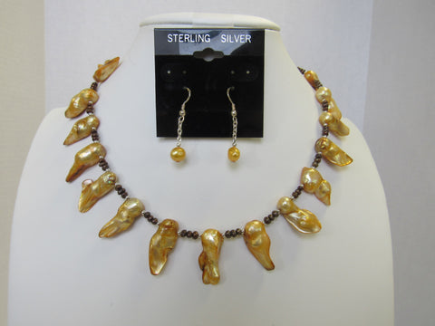 925 STERLING SILVER & GOLDEN FRESHWATER PEARL NECKLACE SET 50 gm 17" ALLUREGEM S1230