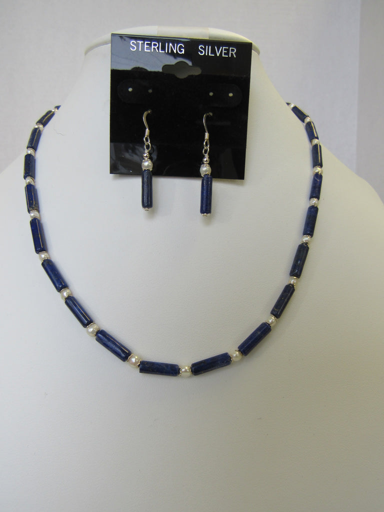 925 STERLING SILVER NATURAL LAPIS LAZULU & FRESHWATER PEARL NECKLACE SET 17 gm 18" ALLUREGEM S1231