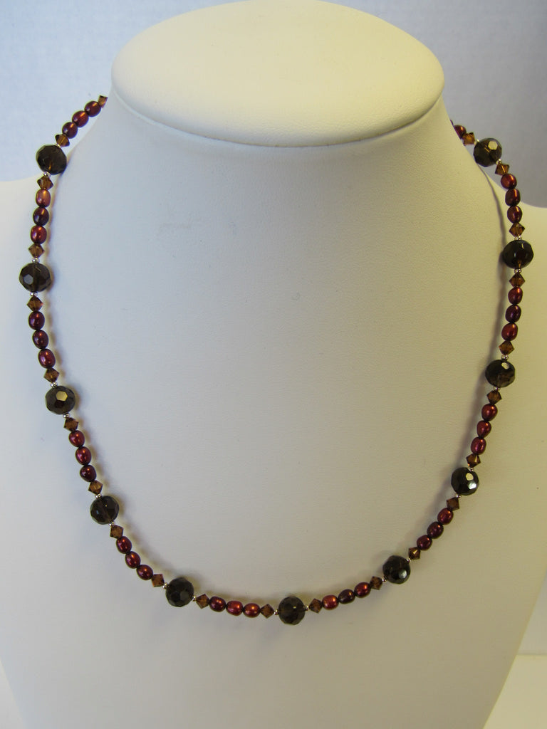 925 STERLING SILVER DARK SMOKEY TOPAZ & PEARL NECKLACE, 19 gm 20 " ALLUREGEM S1319