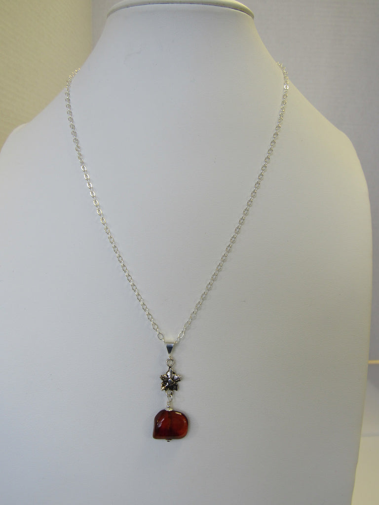 BALTIC AMBER PENDANT NECKLACE, 925 Sterling Silver Cognac  20"  ALLUREGEM S1348