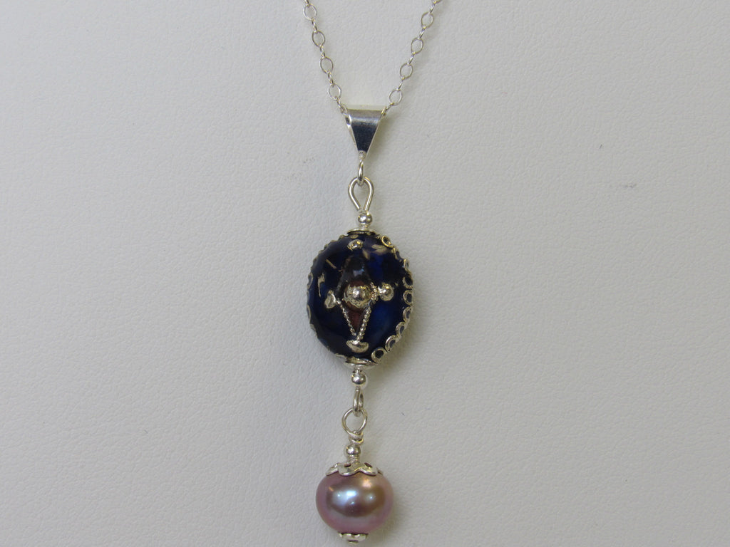 CLOISONNE & FRESHWATER PEARL NECKLACE PENDANT, 925 Sterling Silver, 20 " ALLUREGEM S1357
