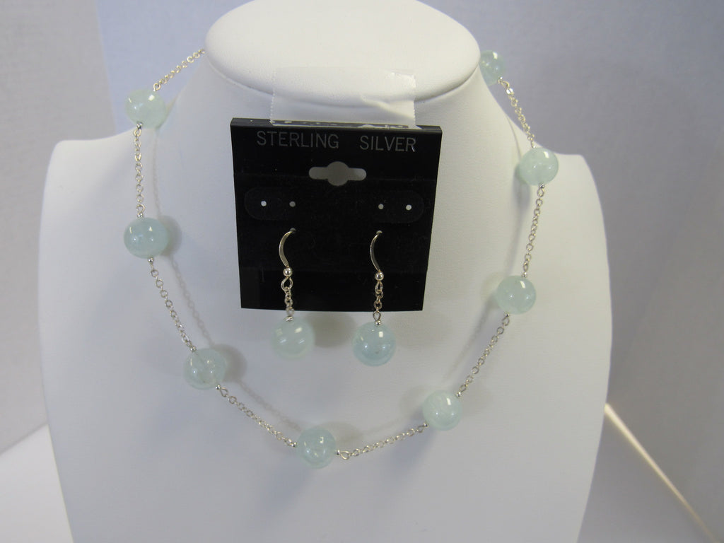 925 STERLING SILVER GENUINE AQUAMAIRE NECKLACE & EARRING SET, 17.5 " ALLUREGEM S1367