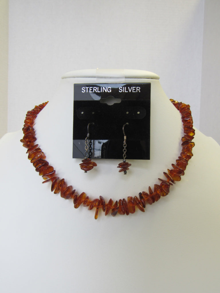BALTIC AMBER NECKLACE & BRACELET SET, 925 Sterling Silvers, Polished Chips 18 " ALLUREGEM S1374
