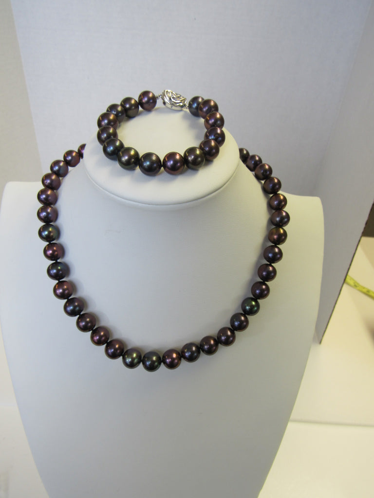 FRESHWATER BLACK PEARL NECKLACE SET, 925 Sterling Silver 17.5 "  ALLUREGEM S1478