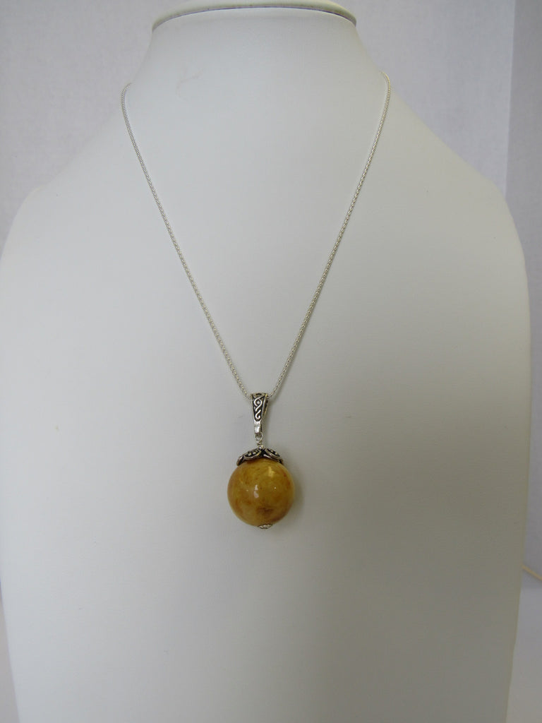 Baltic Amber Pendant Necklace, 925 Sterling Silver, 20mm  18" ALLUREGEM  S1811