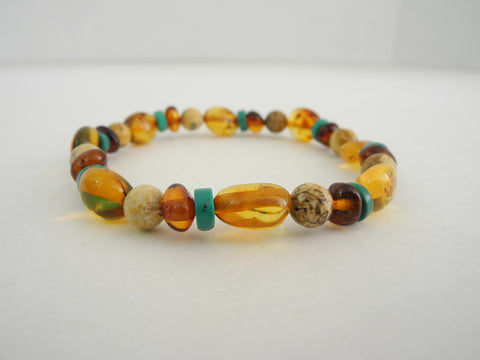 GENUINE BALTIC AMBER,TURQUOISE & JASPER BRACELET 6 gm  6.5 " ALLUREGEM  S1539