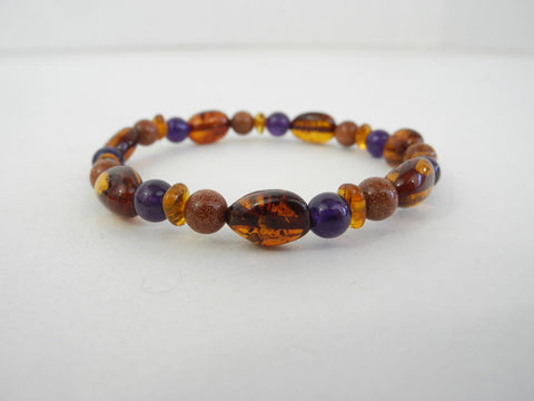 GENUINE BALTIC AMBER,AMETHYST & GOLDSTONE STRETCH BRACELET 7"  ALLUREGEM S1379