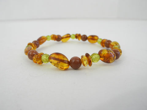 GENUINE GOLDSTONE, PERIDOT & BALTIC AMBER STRETCH BRACELET 5.3 gm 6.5"  ALLUREGEM S1404
