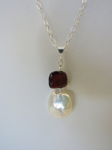 BAROQUE PEARL & BALTIC AMBER PENDANT NECKLACE, 925 Sterling Silver 20"  ALLUREGEM  S1011