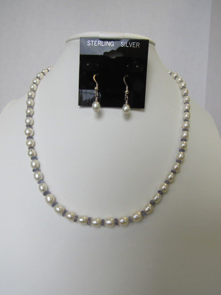 925 STERLING SILVER PEARL & TANZANITE NECKLACE SET 20" ALLUREGEM S1193