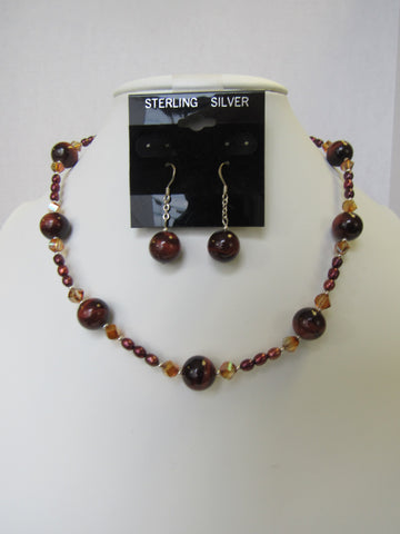 925 STERLING SILVER RED TIGER'S EYE, CRYSTAL & PEARL  NECKLACE SET 41 gm 18 "  ALLUREGEM S1227